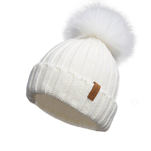 Pilipala Women Winter Knitted Beanie Hat with Fur Pom Bobble Hat Skull Beanie(White)