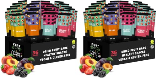 Fruit Snacks by Zest Delites, Fruit Leather, Healthy Snacks for Adults &amp; Kids, Vegan Apple-Based Strips, Dried Strawberry-Peach-Blackberry-Plum Bars, 0.88 oz x 36 (Pack of 2)