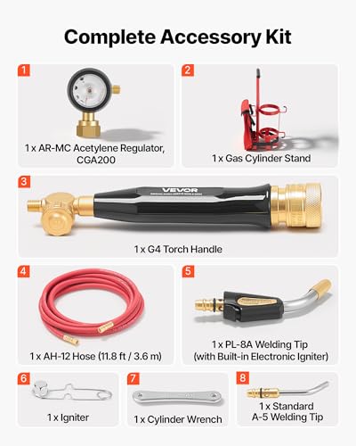 Image of VEVOR Air Acetylene Torch Kit, Acetylene Gas Welding Tool with 11.8FT Rubber Hose, Self-Lighting Welding Tip & CGA200 Regulator, Swirl Frame Brazing Torch Kit with Cylinder Stand for Metalworking