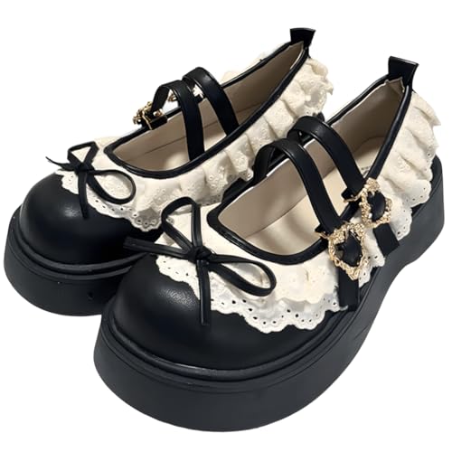 RILGOU Kawaii Lolita Y2K - Zapatos de plataforma estilo Mary Jane con puntera redonda y lazos, color blanco, Negro -, 38.5 EU