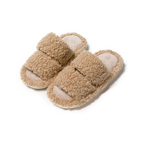 Cute Fluffy Warm Fuzzy Soft Plush Open Toe Slippers Comfy Autumn Winter Indoor Outdoor Slippers