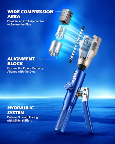 Image of OMT Hydraulic Flaring Tool Kit, Brake Line Flaring Tool with Cutter | 45-Degree Single & Double Flaring Dies for 3 /16-1 /2in & ISO 4.75-10mm, Tubing Cutter, Deburring Tool, 42CrMo Steel Yoke