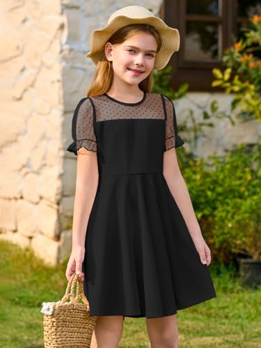 Haloumoning Girls Contrast Mesh Puff Short Sleeve Dress Kids High Waist A Line Casual Dresses with Pockets 4-14 Years2
