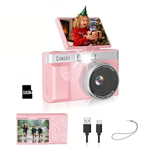 Kids Digital Camera with 180° Flip Screen, 32GB Memory Card Digital Cameras,1080P HD Point and Shoot Digital Cameras, Built in Educational Games,Ideal Gifts for Kids Boys Girls(Pink)