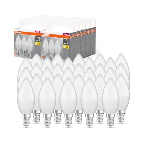 OSRAM BASE CLASSIC B 40 FR LED-Lampe mit Sockel E14, Minikerzenform, 3er Pack, 4,9W, 470lm, 2700K, warmweißes Licht, geringere Wärmeentwicklung, sehr energiesparend, lange Lebensdauer,30-Pack