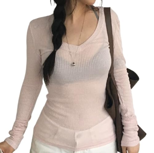 Hesaco Deep V-Neck Fitted Sweaters for Women Y2k Knit Tops Ribbed
