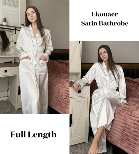 Image of Ekouaer Satin Robes for Women Long Sleeve Silk Bathrobe Soft Lightweight Full Length Sleepwear Bridesmaid Wedding Party Robes
