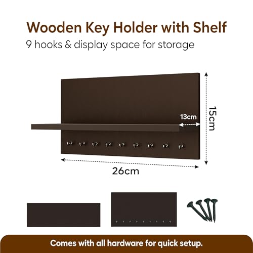 Image of Kuber Industries Mdf Wooden Keychain Holder for Wall With 9 Hooks and Display Shelf Organizer | Key Holder for Home Decor Stylish | Modern Key Stand | Brown