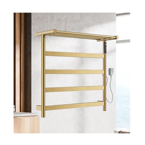 Toallero eléctrico de Calentamiento rápido para secar Toallas y Prendas, Dorado, con Cable Derecho, de Pared y con Estante Superior.