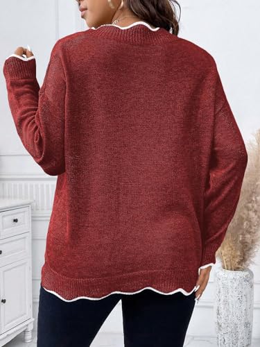 Image of MakeMeChic Women's Plus Size Scalloped Trim Cozy Sweater Cute Pullover | V Neck, Long Sleeve, Oversized, Comfy, Light, Fall Sweaters