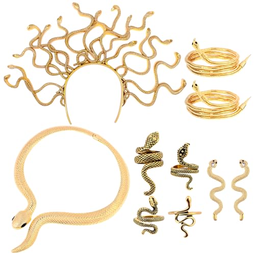 Waldeinsamkeit 10Pcs Halloween Medusa Snake Costume Medusa Headpiece Headband Necklace Earrings Ring Bracelet for Women Accessories
