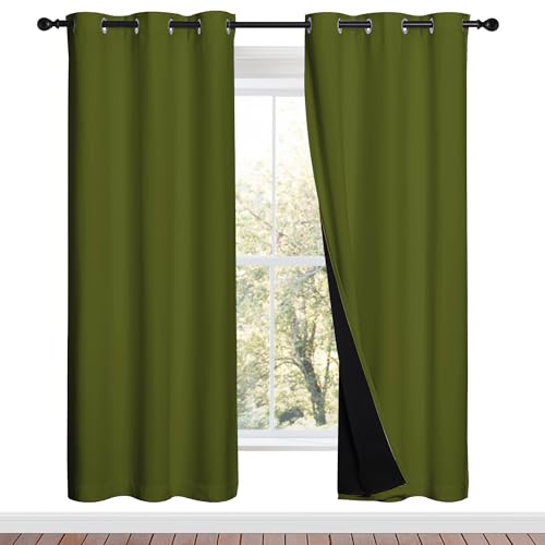 NICETOWN 100% Blackout Window Curtain Panels, Olive Green, 2 Pieces, 42-inch Wide Per Panel, Full Light Blocking Drapes with Black Liner for Nursery, 72-inch Drop Thermal Insulated Draperies