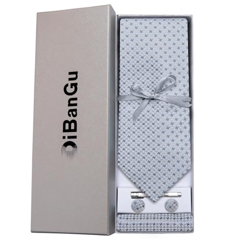 Image of DiBanGu Mens Silk Necktie Solid Color Tie and Pocket Square Cufflink Tie Clip Set Woven Plain Ties for Men Wedding Party