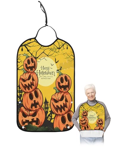 Jolunifun Halloween Adult Bib for Adults Men, Women, Washable & Adjustable Terry Cloth Bib with Crumb Catcher Reusable Waterproof Clothing Clothes Protector Apron Orange Spooky Horror Pumpkins