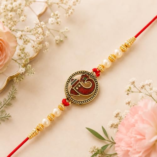 Image of Riddhika Ventures Religious Gold Plated Meenakari Sacred Ganesha Rakhi with Roli Chawal and Greeting Card