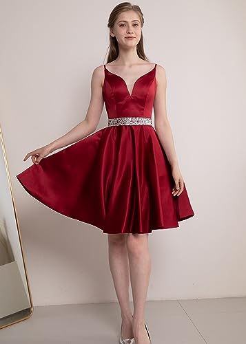 Satin Homecoming Dresses 2025 Spaghetti Straps Short Prom Dresses V-Neck Beaded Evening Formal Party Gowns3