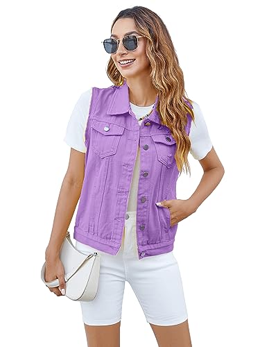 Women's Vests Denim Jacket Sleeveless Slim Fit Distressed Crop Coats with Pockets