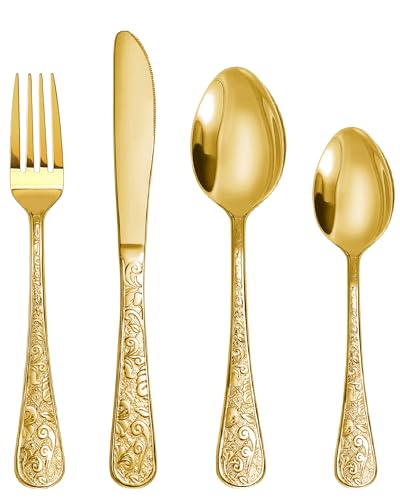 SHEUMNT Set Posate 24 Pezzi Stile Vintage Oro, Servizio per 6 Persone, Posate in Acciaio Inox con Intagli Decorativi, Set Completo Coltelli/Forchette/Cucchiai per Casa e Cucina