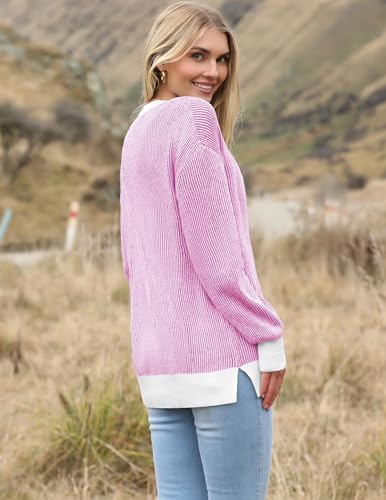 Image of Zeagoo Women 2026 Fall Lightweight Oversized Sweater Crew Neck Long Sleeve Color Block Pullover Rib Knit Blouse Tops XS-2XL