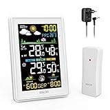 ESOLOM Wetterstation Funk mit Außensensor, Digital Thermometer Hygrometer Innen und Außen mit Digitales Farbdisplay, RCC Time, Nachtlicht, Wettervorhersage und Alarm-Weiß