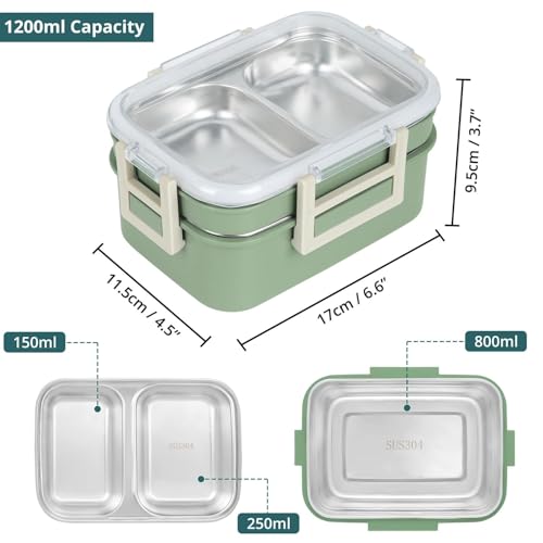 Image of ABOUT SPACE Lunch Box - 2 Tier Compartment 1200ml Insulated Tiffin Box with Silicon Gaskets Lid, No Leak-Proof Diet Food Partition Stainless Steel Bento Box for Men,Women,Kids - Green