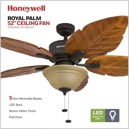Honeywell Ceiling Fans Sabal Palm, 52 Inch Tropical LED Ceiling Fan with Light, Pull Chain, Dual Mounting Options, Hand Carved Solid Wood Blades - 50204-01 (Bronze) thumbnail 2