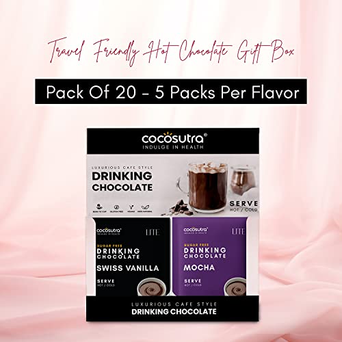 Image of COCOSUTRA Sugar Free Drinking Chocolate Hamper | Travel Friendly | 4*5 Single Serve Sachets | 4 Hot Chocolate Flavors | Zero Sugar, Low Carb, Low Calorie | Stevia & Erythritol based | Gift Pack | Gluten Free & Vegan | Enjoy Hot or Cold | 400g