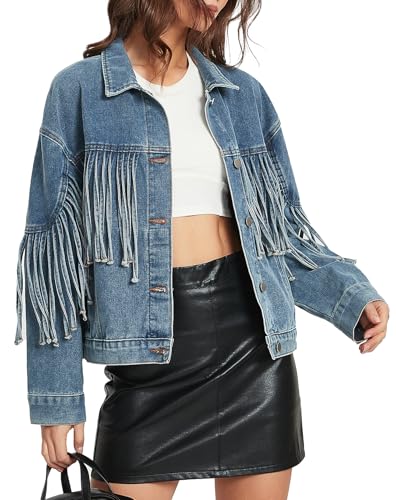 Ladyful Womens Oversized Fringed Denim Jacket Tassel Long Sleeve Jean Jacket 2026 Western Country Concert Outfits