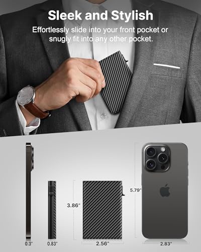 Image of typecase Mens Wallet Card Holder: Pop Up Aluminum Case, Genuine Leather, Smart, RFID Blocking, Slim, Minimalist, Front Pocket - 9-14 Card Capacity | ID Window | Cash Slot (Carbon Fiber Navy)
