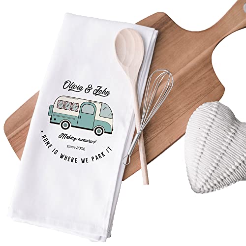 Campervan Camp Tea Towel | Personalised New Camper Van Gift | His and Hers | Couple Travel | Kitchen Accessories Camping | Retro Caravan