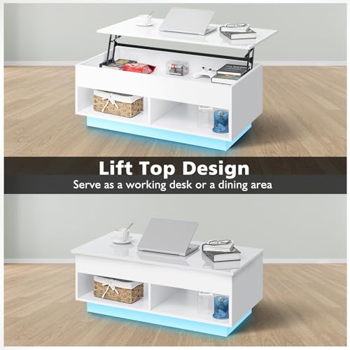 HOMMPA 40\" Modern LED Coffee Table with Storage for Living Room, Lift Top Coffee Table with 2 Shelves, High Glossy Wooden Dining Table, Multifunctional Furniture for Bedroom/Home Office, White