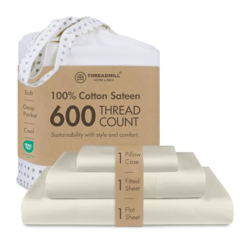 Image of Threadmill 600 Thread Count Cotton Full Sheet Set, Sateen, Taupe, 4-Piece