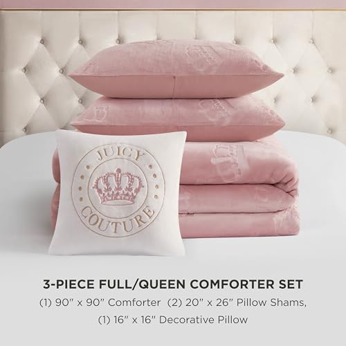 Image of Juicy Couture Plush Reversible Embossed Crown 4-Piece Full /Queen Comforter Set with Decorative Pillow, Light Pink