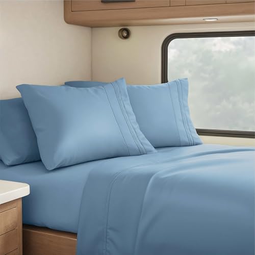 Nestl Blue Heaven Short Queen Sheets for RV, Hotel Luxury RV Queen Sheets Set, 4 Piece Fitted Bed Sheet Set and Pillowcases, Super Soft, Wrinkle-Free, and Breathable Camper Bedding