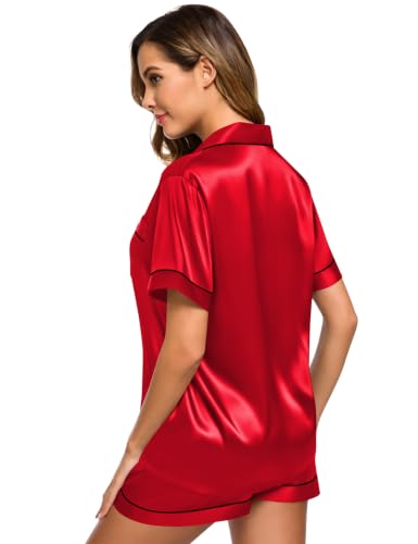 Image of SWOMOG Womens Silk Satin Pajamas Set Short Sleeve Sleepwear Button Down Top and Shorts Loungewear 2 Piece Pjs Set XS-3XL