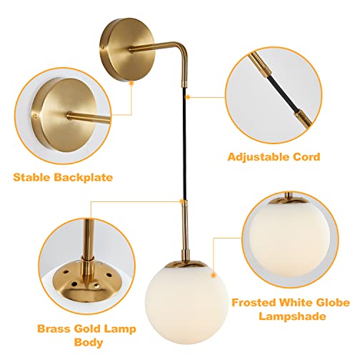 Image of KCO Lighting Frosted White Glass Wall Sconce Set of Two Brass Gold Globe Ball Wall Light Adjustable Cord Industrial Vanity Wall Lamp for Bathroom Mirror Bedside Stairs (White)