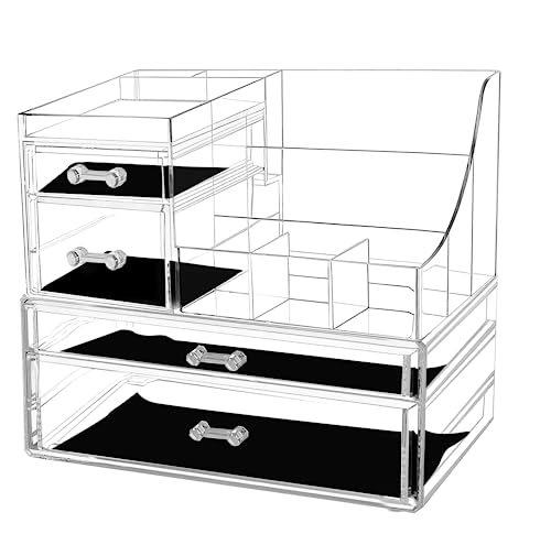 Simbuy Makeup Storage Organizer for Vanity, Stackable Cosmetics Display Case with 4 Storage Drawers for Countertop, Bathroom, Dresser, Mothers Day Gifts. Clear