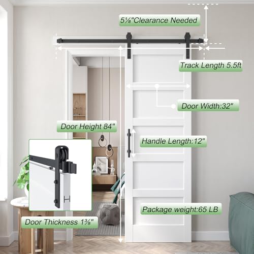 Image of Fredbeck 32inx80in White Barn Door and 5.5FT Sliding Barn Door Hardware Kit Included,Solid,MDF, PVC Surface,DIY Assembly,5-Panel,Fit 29in-31in Opening