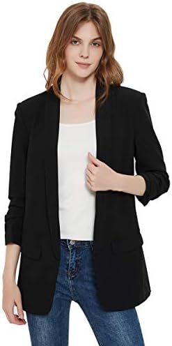 Charis Allure Womens 3/4 Ruched Sleeve Blazer Jacket Lightweight Work Office Open Front Solid Coat, Black, L