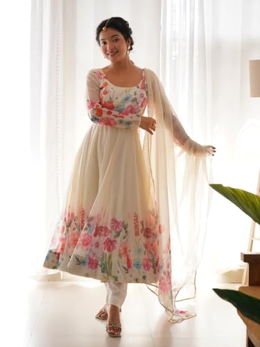 Image of Naixa Women's Organza Printed Straight Kurta with Pant and Dupatta Set (NK-401)