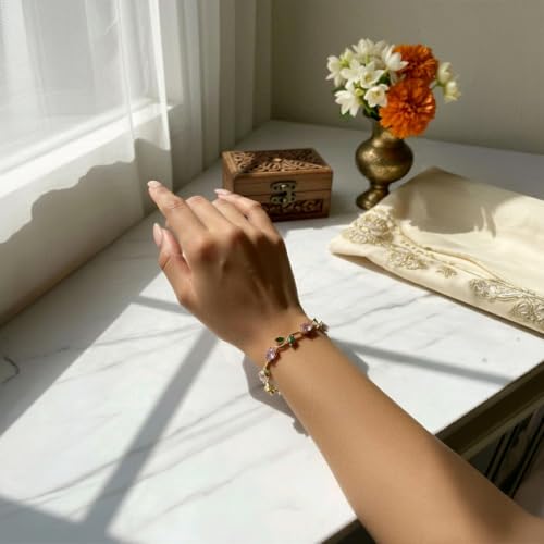 Image of Trend It Anti-Tarnish Tulip Bracelet for Women |Floral Bracelet with Pink & Green Crystals, Perfect Party & Gift Jewellery, Trendy Bracelet For Ladies