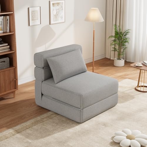 Folding Sofa Bed - Convertible Sleeper Chair with Upgraded Pillow, Modern Comfortable Sleeper Couch Linen Fabric, Foldable Memory Foam Sleepers Comfy Floor Sofa for Living Room Bedroom, Single