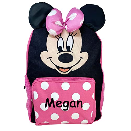 Personalized Backpack made from Disney Minnie Mouse Face with Minnie Bow Pink with White Polka Dots Back to School or Travel Book Bag Backpack - 16 inches4