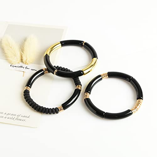 Lalapple Heishi Beaded Acrylic Bamboo Tube Bangle Bracelets Set For Women, Colorful Stackable Curved Tube Clay Seed Bead Stretch Bracelets Friendship Bracelets Aesthetic Boho Summer Beach Jewelry #TOP2