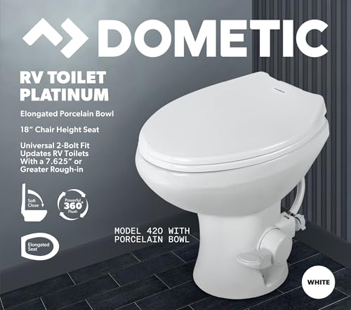Image of Dometic Model 420 Platinum RV Toilet - Elongated Porcelain Bowl, Universal Fit & 2-Bolt Mount, 18 inch Chair Height Residential-Style, Gravity Flush Toilet with Soft-Close Seat, White (9610008281)