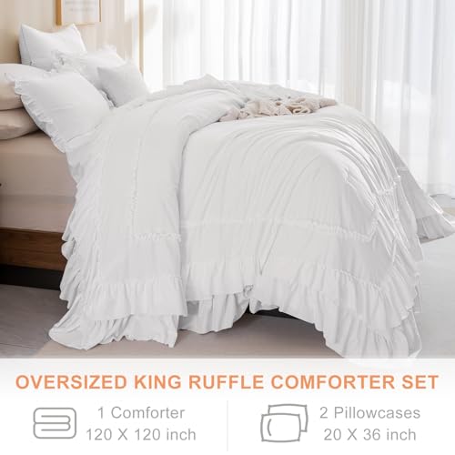 Image of QSH 3PCs Natural White Ruffled Oversized King Comforter 120x120, Shabby Boho Chic Farmhouse Ruffle Bed Comforter Set California King Comforter Ultra Soft Microfiber Lightweight Fluffy Bedding