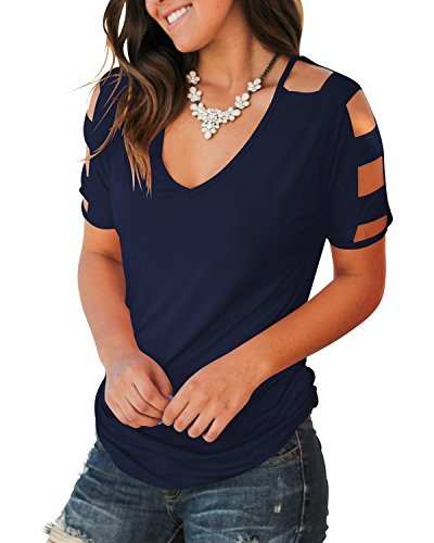 Jescakoo T Shirts for Women Deep V Neck Summer Cold Shoulder Tops Blouses Sexy Navy S