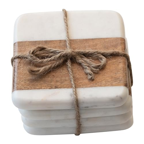 Marble & Acacia Wood Coasters, White & Natural, Set of 4