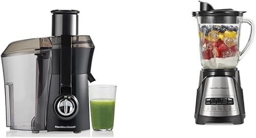 Hamilton Beach Máquina exprimidora, canal de alimentación grande de 3 pulgadas para frutas y verduras enteras y Power Elite Wave Action licuadora
