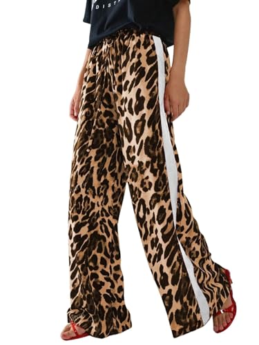 Charfille Women's Casual Pants Drawstring Leopard Print Color Block Side